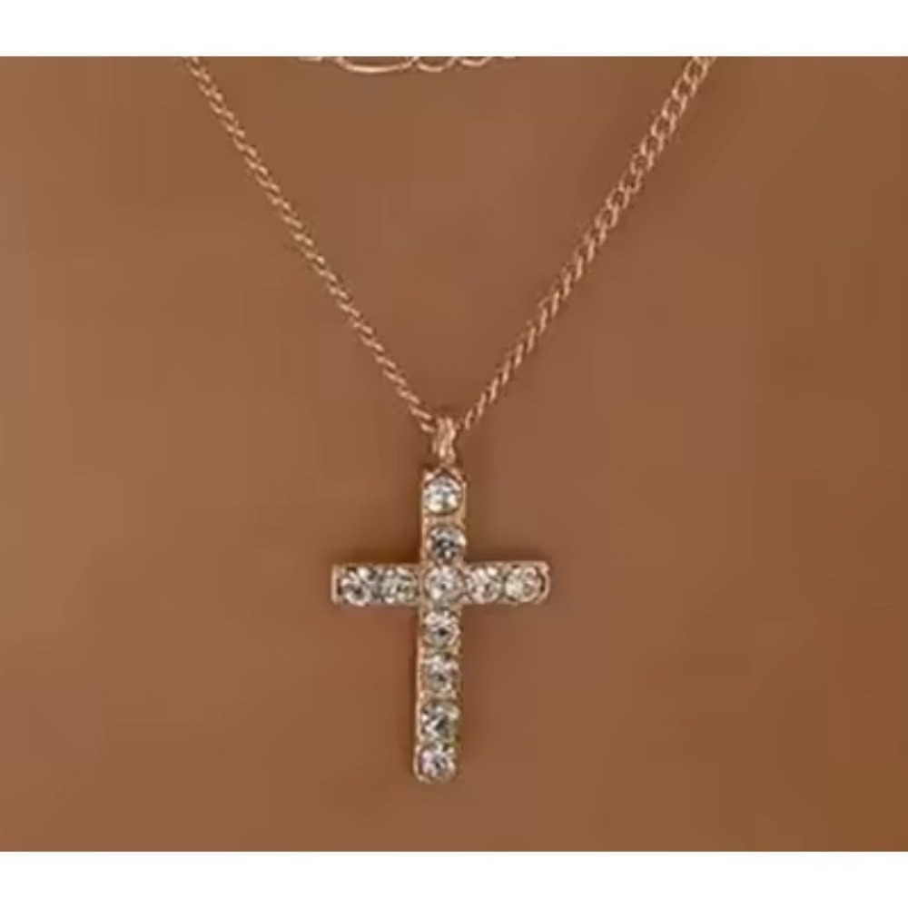 14k Gold 20 inch Sparkling Cross Necklace Rhinestones Dainty Pendant